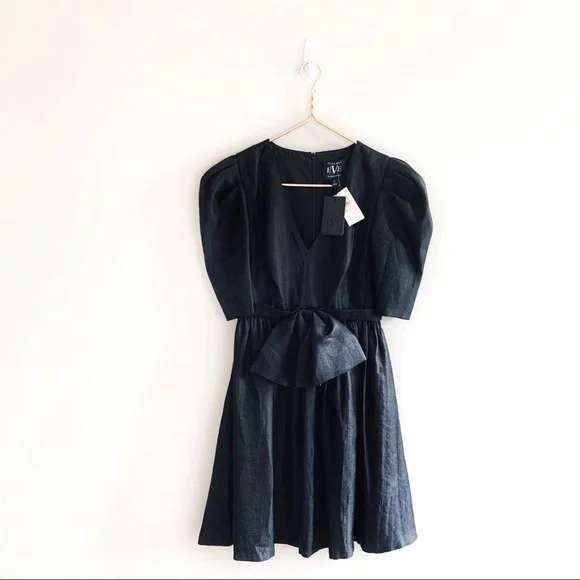 Black Halo Eve Black Puff Sleeve Cocktail Dress Bow Detail 80s Vintage Inspired - Picture 3 of 14